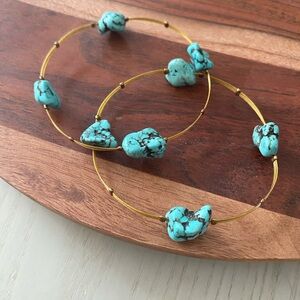 Set of 2 Boho Gold Toned Wire Wrapped Turquoise Nugget Bangle Bracelets